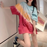 Stylish Color Tie Dye T-shirt Casual Printed Summer All-match Loose Women's Clothing Commute Round Neck Midi Pullovers-Outfit
