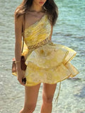Fongt Temperament Sweet Wind Dress Women's New Summer 2025 Summer New Fashion Slanted Shoulder Hollow Waist Design Print