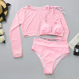 Neon orange Bikini 2021 Women Long Sleeve Mesh Cover Up 3 Piece Swimsuit High Cut Push Up Bathing Suit high waist