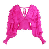 Loose Shirt For Women V Neck Long Sleeve Fold Pleated Slim Solid Blouses Female Fashion Spring Clothing Style