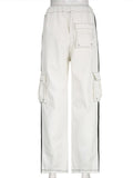 Jeans White Pant Low Rise Cargo Pants Women Jogging Lace Up Wide Leg Pant Side Stripe Streetwear Loose Denim