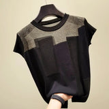 Patchwork Ice Silk Knitted Tops Blusas Mujer De Moda Women O-neck Short Sleeve Pullover Fashion Thin Blouse Blusas