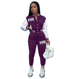 Pink Printed Baseball Coat Pants Two Piece Sets Spring Fall Outfits Womens Track Suits Casual Fashion Streetwear