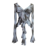 Irregular Kinking Of The Net Yarn Irregularly Kinked Lotus Lobe Slings Shoulder Horn Sleeve T-Shirt Short Top