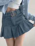 Buckle Belt Pleated Denim Mini Skirt-Outfit