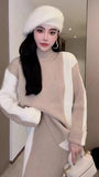 new knitted women thickened turtleneck color-blocked sweater skirt y2k Korean style lazy slim two-piece suit-Outfit