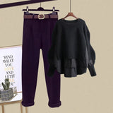 Women Pullover Knitted Patchwork Tops And Tweed Long Pants Sets Spring Female Two Piece Set Korean Casual Women Outfits