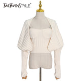 Casual Knitted Women's Suit Square Collar Sleeveless Top Solid Long Sleeve Coat Slim Two Piece Set Women 2021