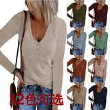 Fongt Autumn New Women's Button Vest Solid Color V-Neck Long-Sleeved T-Shirt Top