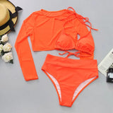 Neon orange Bikini 2021 Women Long Sleeve Mesh Cover Up 3 Piece Swimsuit High Cut Push Up Bathing Suit high waist