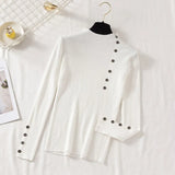 Casual Front Button Slim Knitted Sweater Long Sleeve Stand Collar Solid High Street Pullover 2021 Winter New Fashion