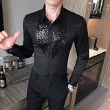 Black Tuxedo Shirt Men Sequins Patch Solid Long Sleeve Dress Slim Fit Shirts Stage Wedding Prom Gentleman Blouse