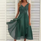 Fongt Chiffon Stitching Lace Hollow Out Long Dress Bridesmaid Evening Dress