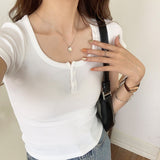 Short-Sleeved T-Shirt Women's Half-Open Collar Button Design High Waist Short Style Navel New Summer