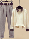 Winter Warm Matching Suits For Womens Knitted Sweater+parkas Vest+tweed Pants Sets Office Ladies Elegant Three Pieces
