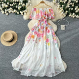 Fongt Shoulder Lotus Leaf Side Waist Print Chiffon Dress Women 2025 Spring New Holiday Temperament Dress