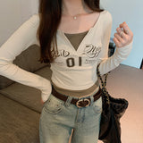 Color Splicing Fake Two Long-Sleeved T-Shirts Women's Autumn New V-Collar