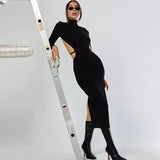Sexy Women Backless Midi Dress Turtleneck Long Sleeve Elegant Slim Dresses 2021 Autumn Black Casual Basic Bodycon