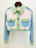 STREET Newest 2022 Fashion Designer Tops Women's Casual Color Block Gold Buttons Pockets Patchwork Crop Denim