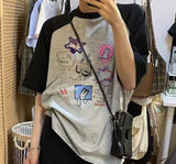 Cartoon Print Raglan Short Sleeve Tee-Outfit