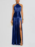 Fongt Women's Metallic Metallic Folding Fork With Hanging Neck Dress Sleeveless Back 8155