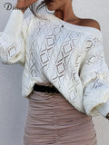 White Pullovers Woman Knitted Round Neck Long Sleeve Sweater Elegant Hollow Blue New Fashion Lady Autumn Jumpers
