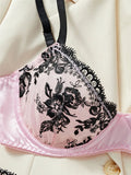 Pink Satin Black Lace Patchwork Lingerie Set-Outfit