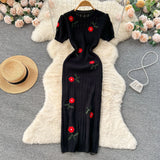 Fongt Dress High-End Temperament Embroidered Rose Knitted Dress Women's Short Sleeve New Chinese Bag Long Skirt