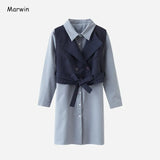 New-Coming Winter Loose Full Sleeve Bow Vest Solid Dresses High Street Style Square Collar Mid-Calf Length Women