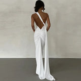 One Shoulder Backless Adjustable Scarf Loop Ruched Sexy Maxi Dress Women Elegant Y2K Streetwear Festival Outfit-Outfit