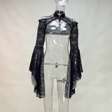 Dark Wind New Horn Sleeve Collar Lace Splicing Open Shoulder Temperament Leisure All Kinds Of Jackets-Outfit