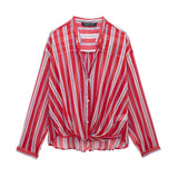 Spring Style Knot Striped Translucent Long-Sleeved Shirt 3333244-Outfit