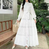 Fongt Gentle Style Dress Spring Dress Design Hollow Lace Splicing Bubble Sleeve Dress Holiday Dress