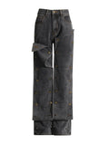 Vintage High Street Broad Leg Pants 2025 Summer New Personalized Design Stitching Button High-Waist Jeans