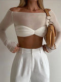 Ruched Off Shoulder Long Sleeve Crop Top-Outfit