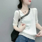 Letter Patchwork Knitted T-shirt Fashion V-Neck Female Clothing All-match Straight Summer Korean Asymmetrical Pullovers-Outfit