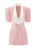 Puff Sleeve Large Collar Back Bow Blazer Mini Dress-Outfit