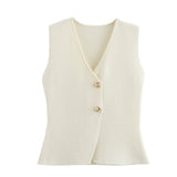 New Gold Button Knitted Vest Small Pleated Spliced Skirt Suit-Outfit