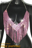 Rhinestones Tassel Party Crop Top Woman Fashion Halter Neck Backless Design Full Diamond Sequins Nightculb