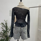 Millennial Y2k Babes Oblique Shoulder Thin Mesh Print Top Irregular Lotus Leaf Side Ribbon Short T-Shirt