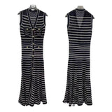 Fongt Knitted Dress Hollow Stripe V-Neck Sleeveless Temperament Elegant Summer Skirt