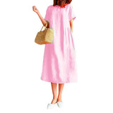 Fongt New Leisure Spring And Summer Loose Skirt Short Sleeve Round Neck Solid Cotton Linen Dress