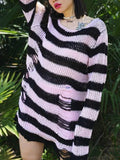 Distressed Stripe Longline Sweater-Outfit