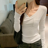 Gray V-Collar Slim Long-Sleeved T-Shirt A New Autumn And Winter Bottom Shirt With A Foreign Style To Show A Thin Blouse-Outfit