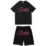 Devil Island Rose Red Letter Printed Short-Sleeved T-Shirt Casual Shorts Set For Men And Women-Outfit