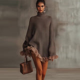 Fongt 2025 New Knitted High-Necked Lotus Edge Spliced Long-Sleeved Gray Sweater