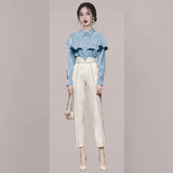 2022 New Fashion Women's Casual Temperament Ruffled Shirt Two-Piece Sets +High Waist Long Pants