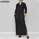 Long Dress Women's Sundress Elegant Stand Collar Long Sleeve Party Dress Side Split Holiday Button Up