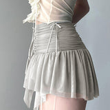 Folds Transparent Mesh Mini Skirt Y2k Irregular Low Rise Patchwork Pleated Skirts for Women Vintage 90s Clothing Ladies-Outfit