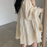 Fongt Chic Autumn Simple Temperament Folding Loose Shirt Dress Bubble Sleeve Short Doll